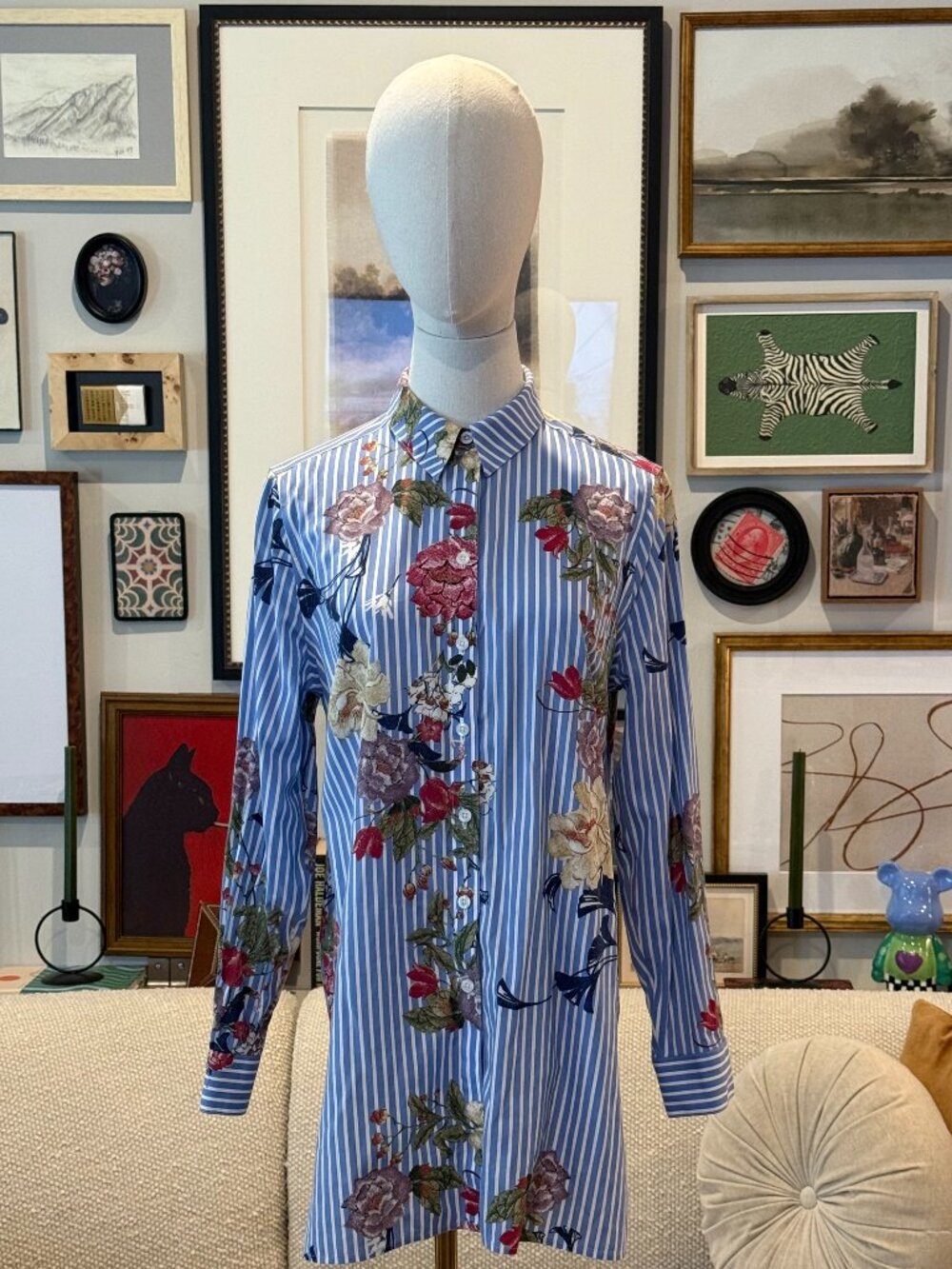 Chico’s No Iron Floral Stripe Button Down Tunic Shirt Size 0 S (US 4-6)